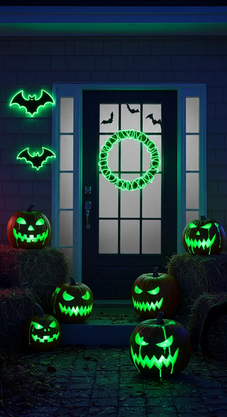 Décoration de porte d'Halloween avec des néons verts en forme de chauves-souris et de couronne.