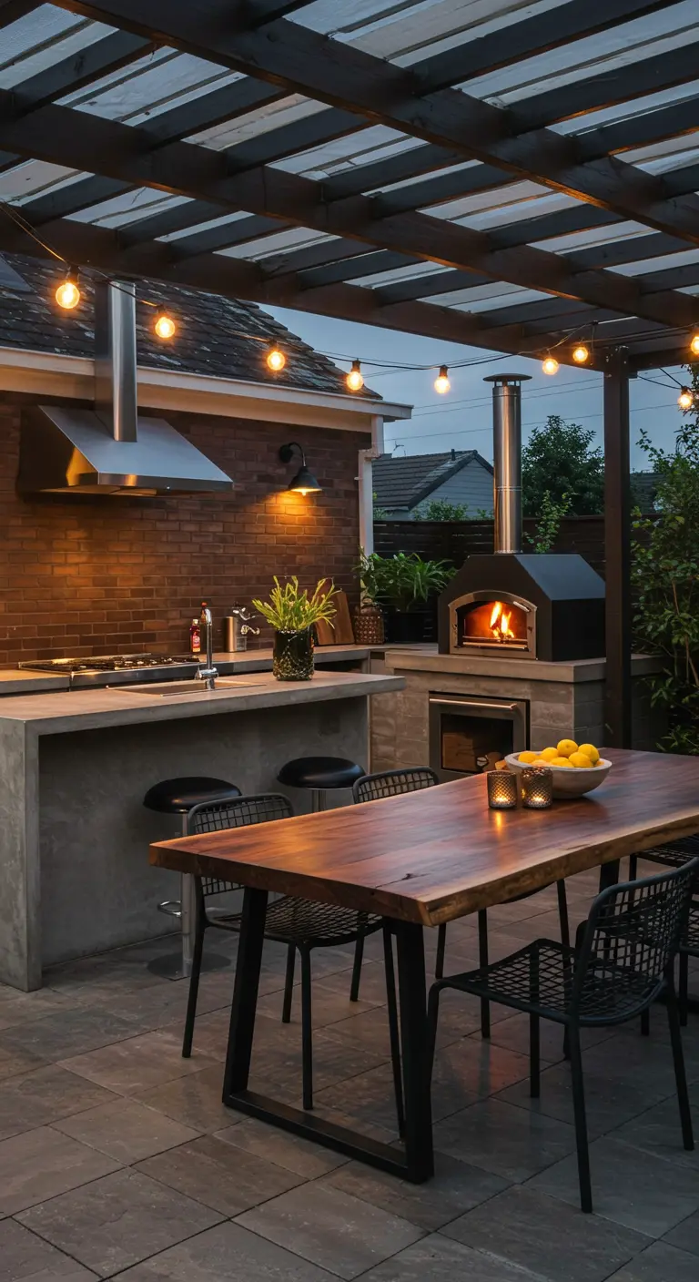Cuisine extérieure moderne avec pergola, four à pizza et guirlandes lumineuses.