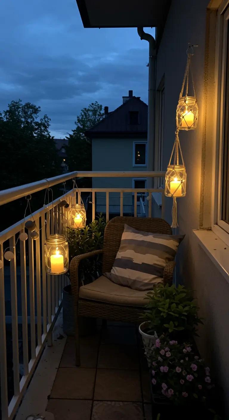 Lanternes en bocal suspendues dans des supports en macramé sur un balcon.