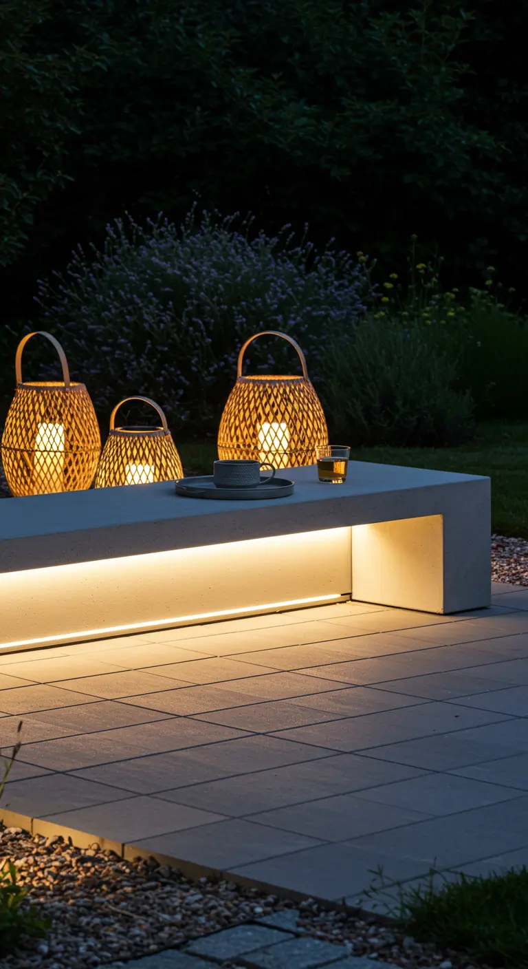 Banc en béton avec éclairage LED intégré et lanternes en rotin posées dessus.