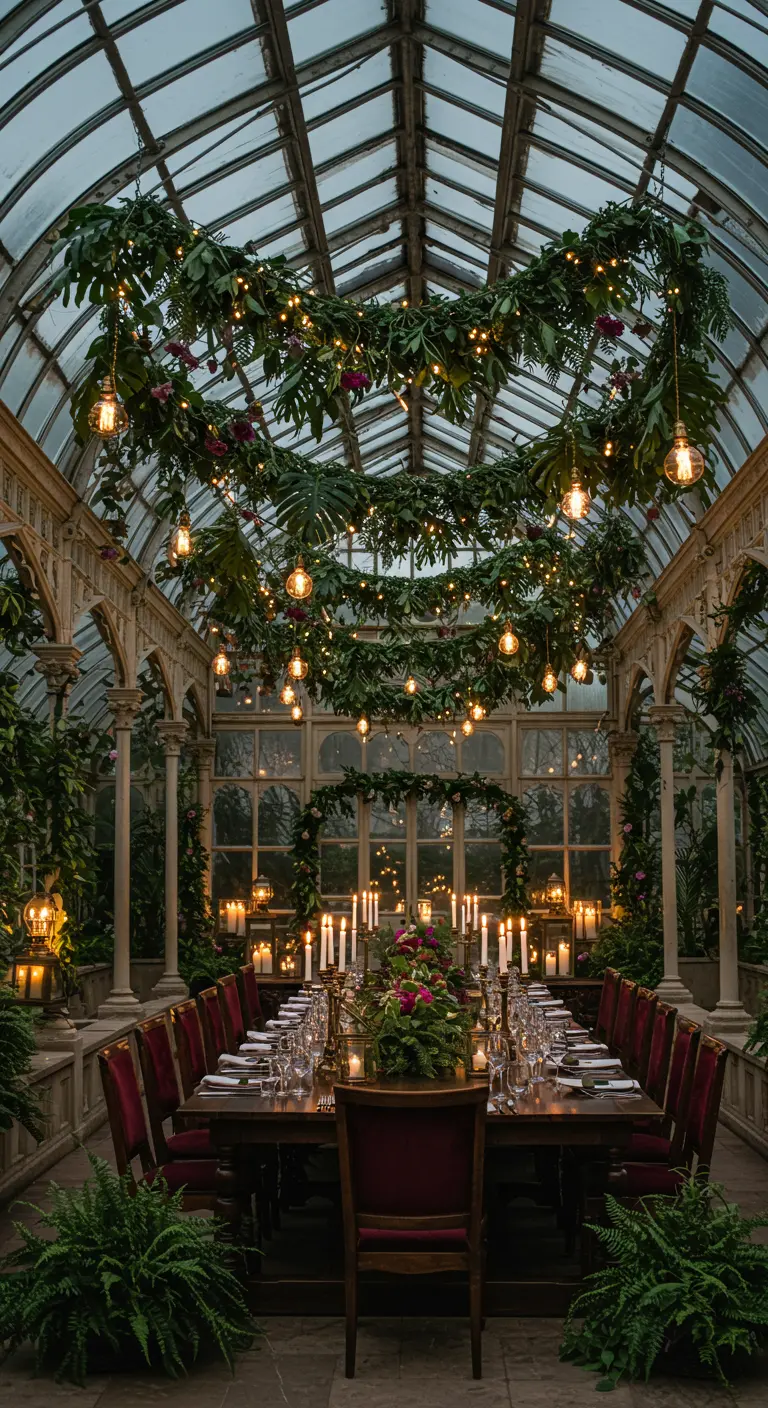 Serre luxueuse avec plafond de feuillage et lumières, longue table de réception décorée de verdure.