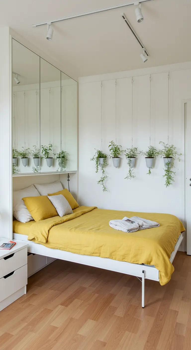 Petite chambre blanche avec lit jaune, placards à miroir et plantes suspendues sur le mur.