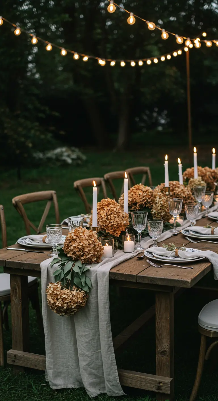 Table en bois en extérieur au crépuscule, hortensias séchés, bougies blanches et guirlandes lumineuses.