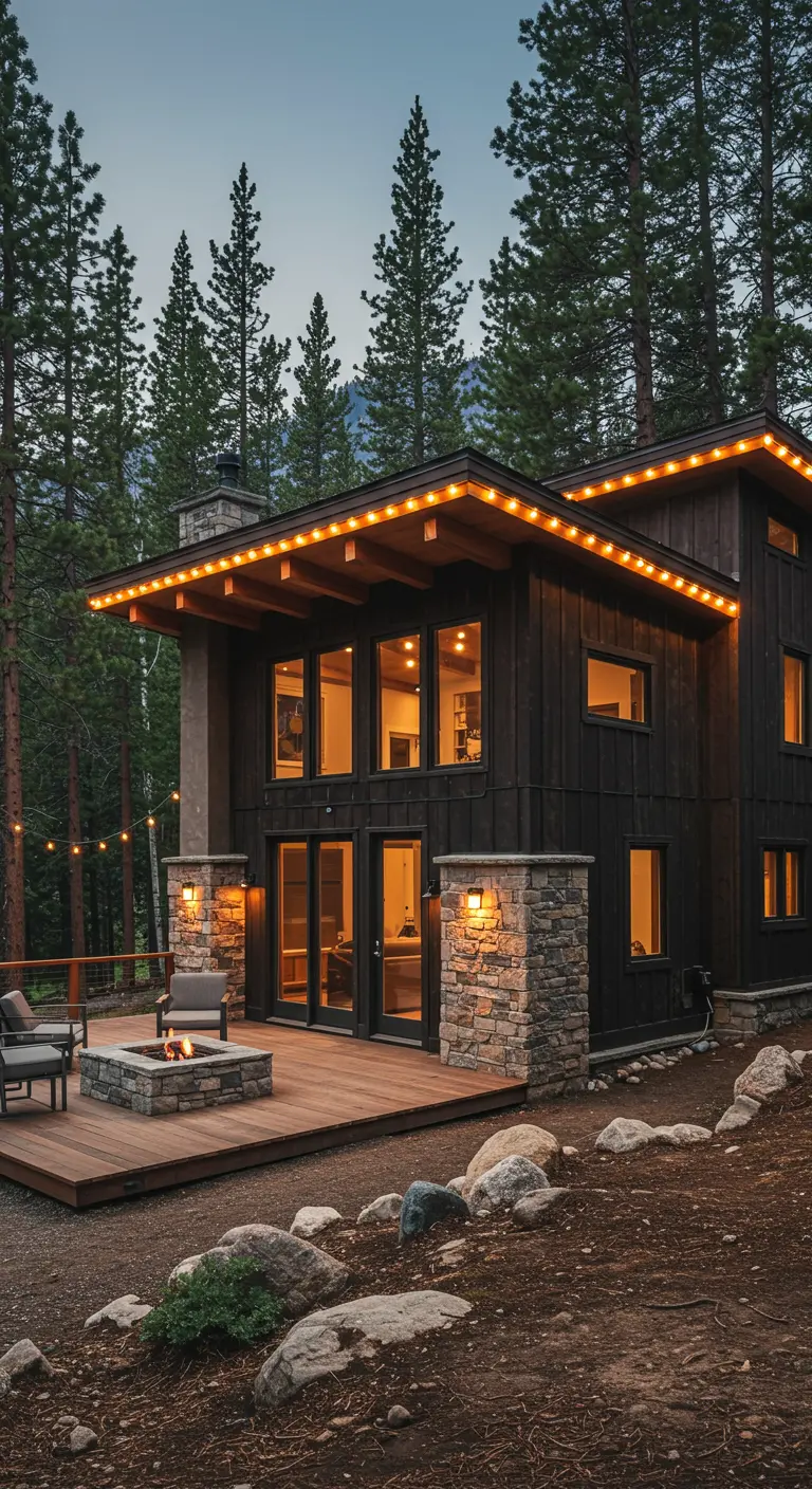 Maison en bois moderne avec guirlandes lumineuses sous le débord de toit, et un brasero sur la terrasse.