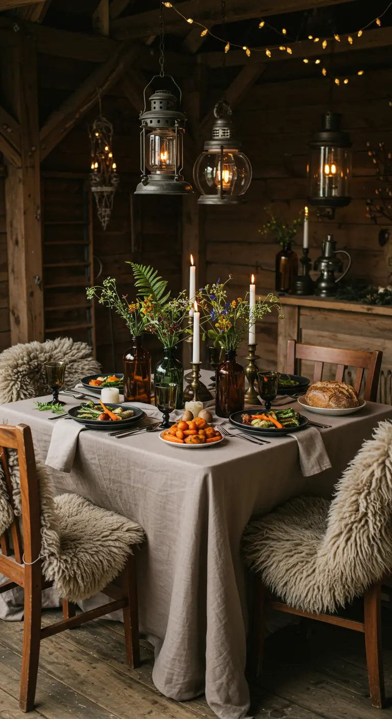 Table rustique de Pâques avec lanternes, bougies, nappe en lin, peaux de mouton et fleurs sauvages.