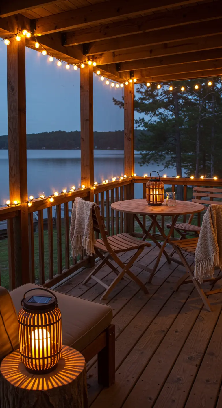 Terrasse au bord du lac avec guirlandes, lanternes en bois tressé et plaids.