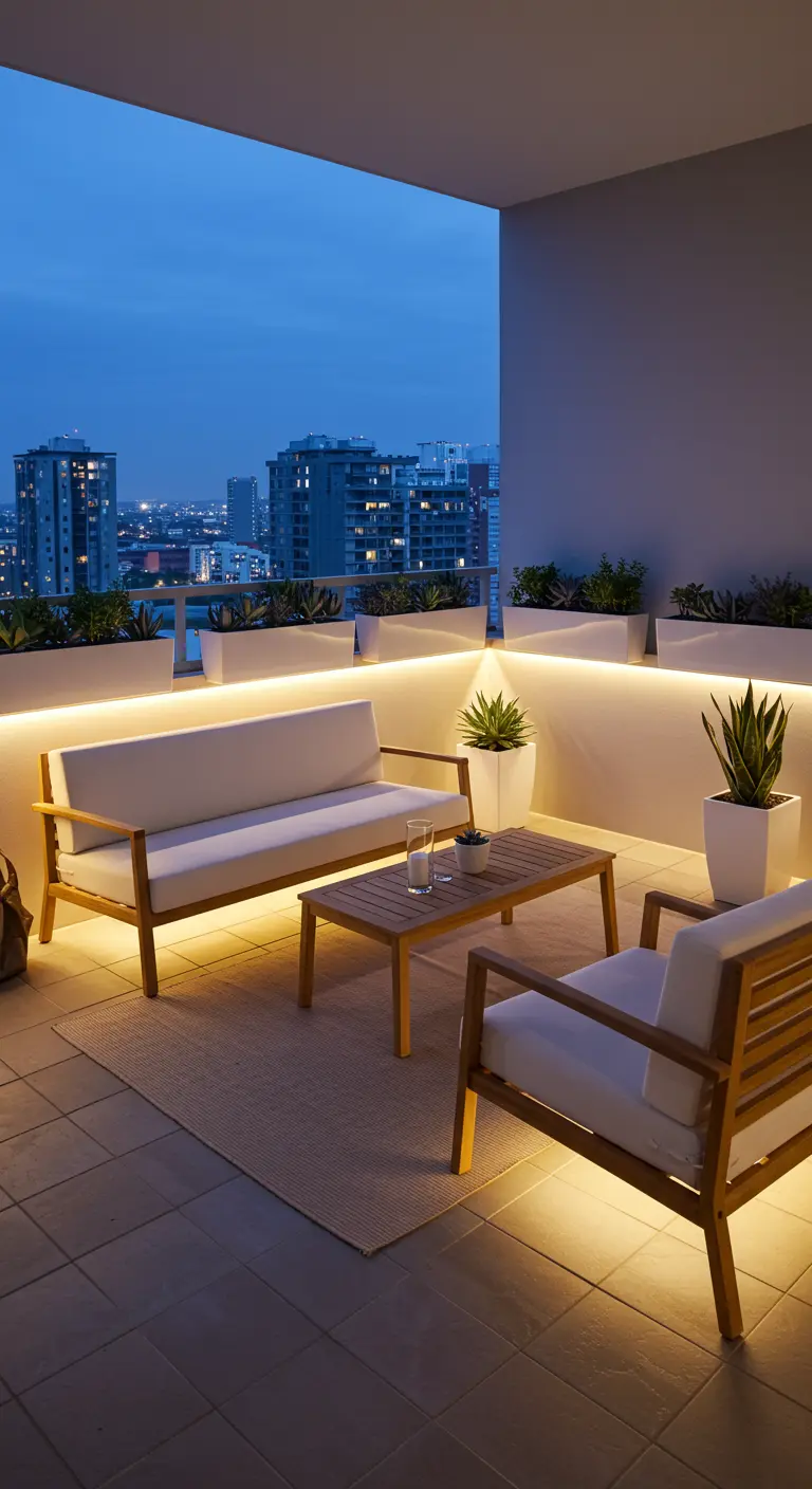 Balcon urbain éclairé par des LED sous les jardinières, salon de jardin en bois et blanc.