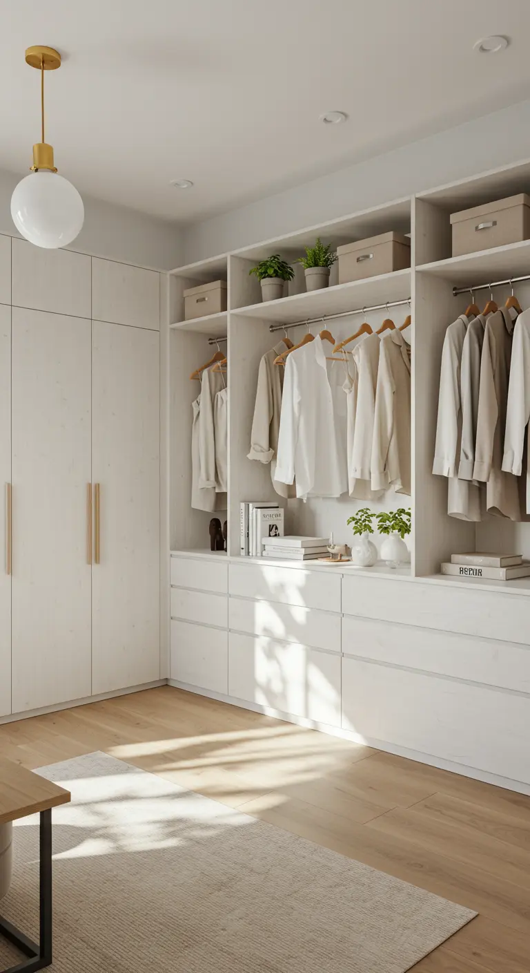 Dressing blanc cassé avec rangements ouverts, vêtements neutres, plantes et suspension lumineuse.