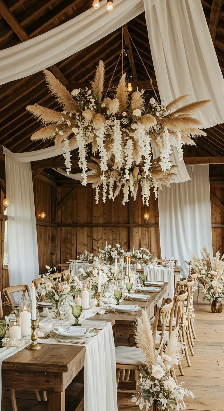 Grande suspension florale de pampa et fleurs blanches au-dessus d'une table dans une grange en bois.