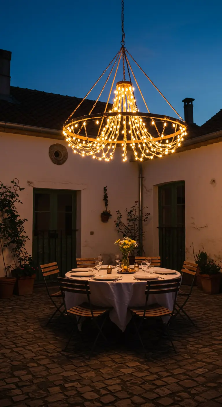 Grand lustre DIY fait de guirlandes lumineuses suspendu au-dessus d'une table dressée.