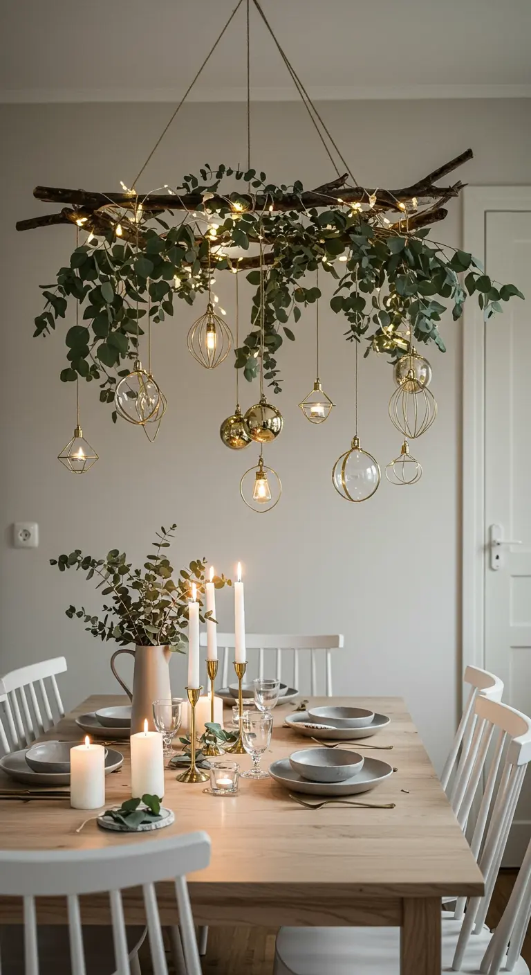 Suspension DIY faite d'une branche avec de l'eucalyptus et des lumières au-dessus d'une table.
