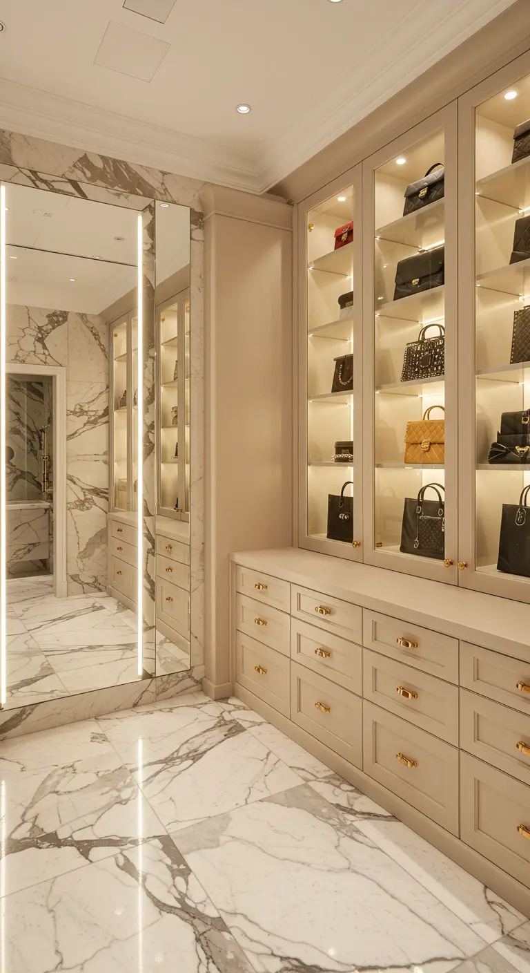 Dressing luxueux avec un sol en marbre, des placards vitrés et un miroir lumineux.