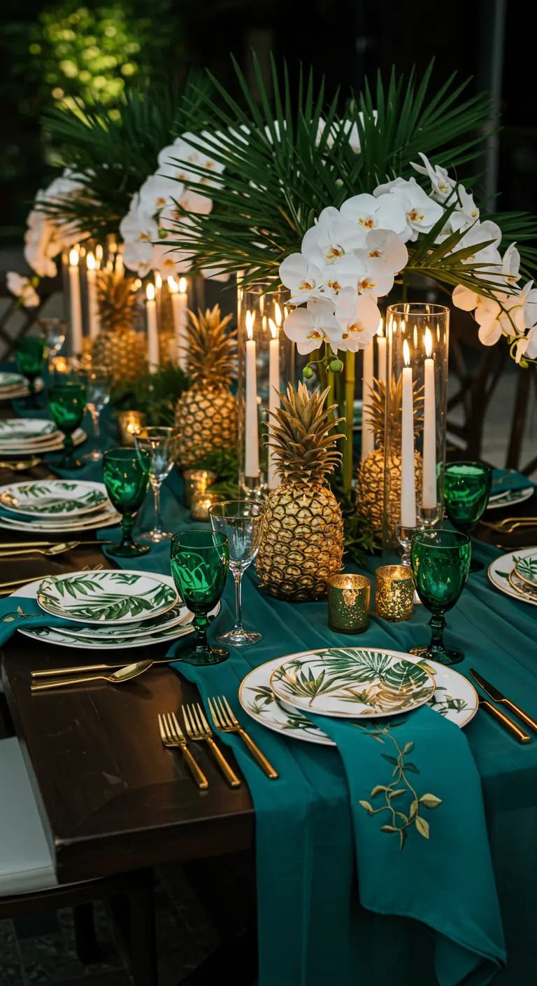 Longue table avec chemin de table vert sarcelle, ananas dorés, bougies, orchidées blanches, verres verts et vaisselle élégante.
