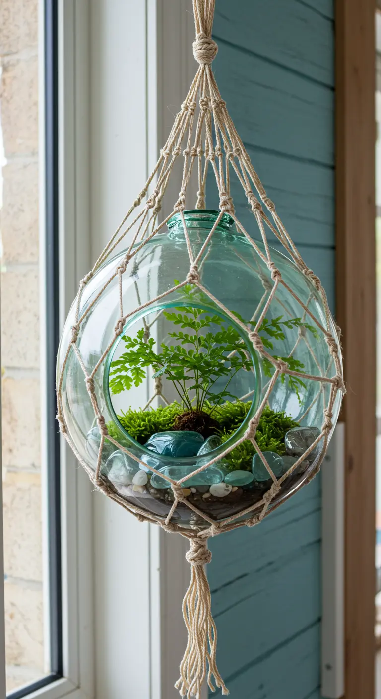 Terrarium sphérique en verre suspendu dans un porte-plante en macramé, avec fougère, mousse et galets bleus.