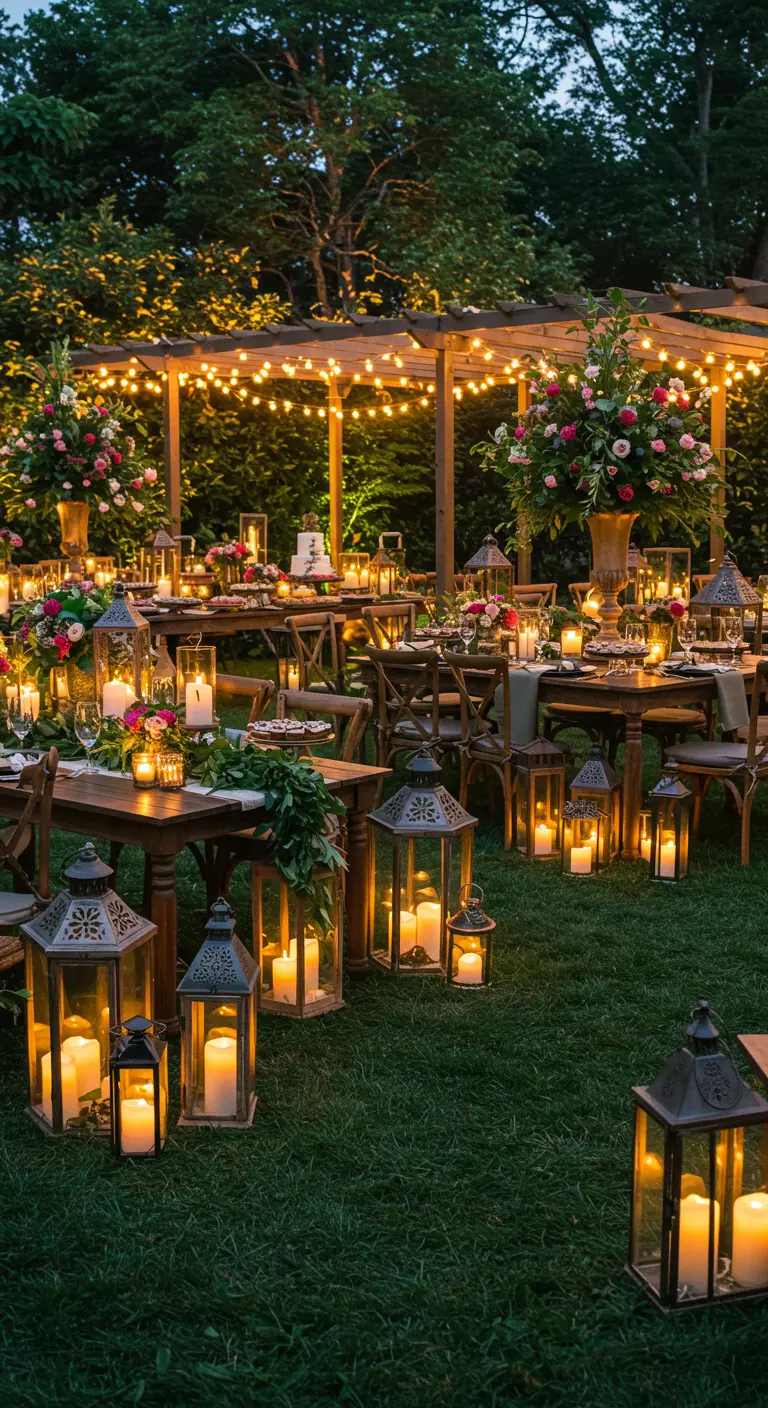 Terrasse extérieure illuminée de guirlandes et de lanternes, avec tables de réception fleuries.