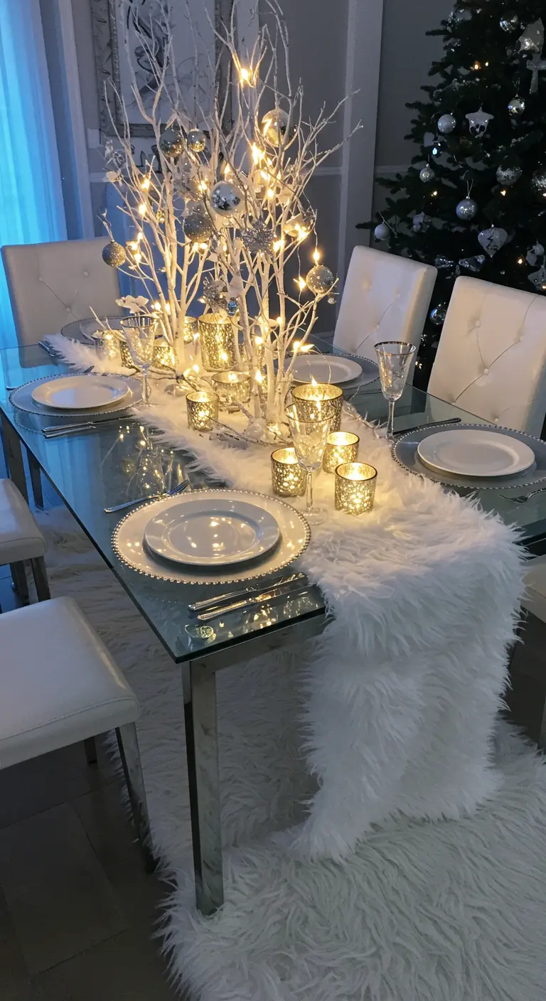 Table de fête hivernale avec des branches blanches illuminées et de la fausse fourrure