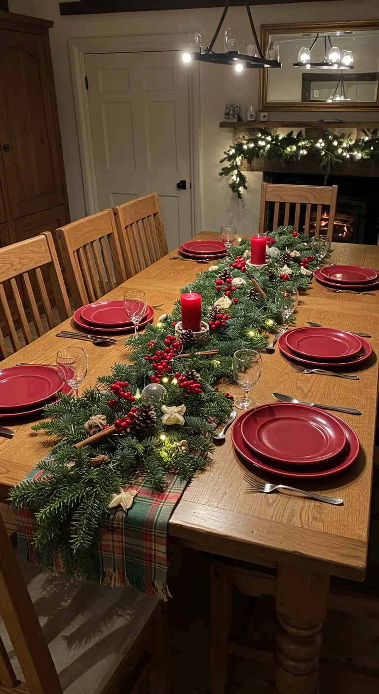 Table de Noël avec chemin de table tartan, guirlande de sapin décorée de baies rouges et bougies.