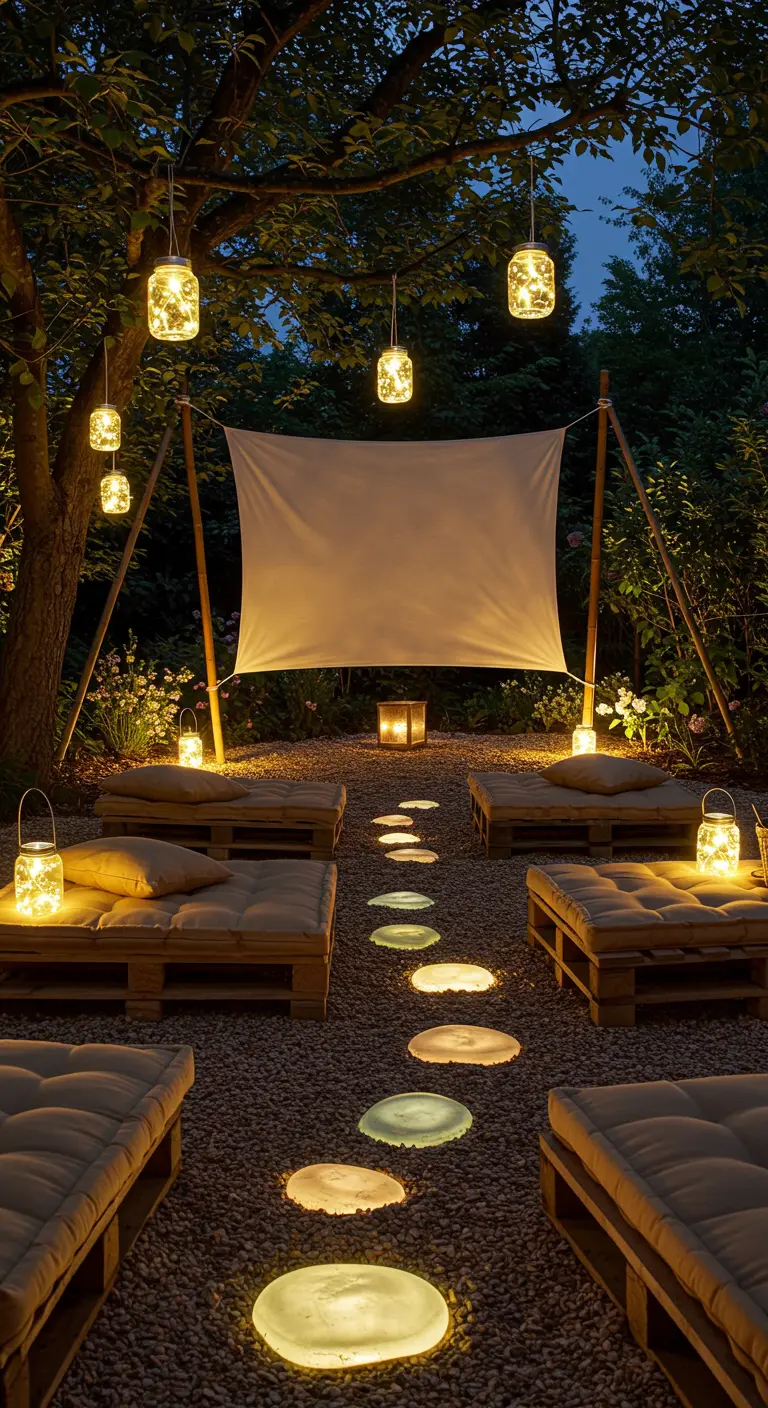 Cinéma de jardin DIY avec des canapés en palettes et des bocaux lumineux suspendus.