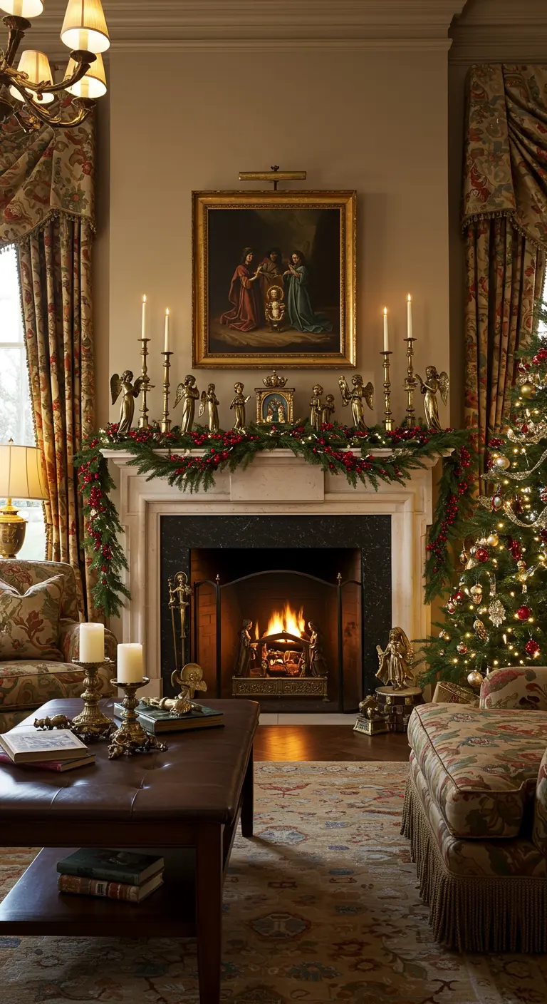 Cheminée de Noël décorée avec guirlande de sapin, bougies, anges dorés et un tableau religieux.