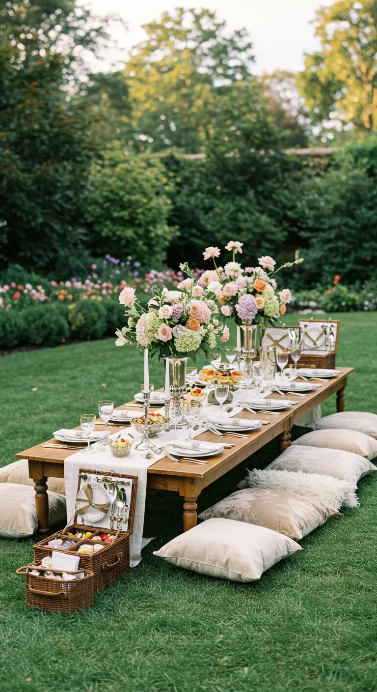 Longue table de pique-nique élégante dans un jardin, avec roses pastel, chandeliers et coussins au sol.