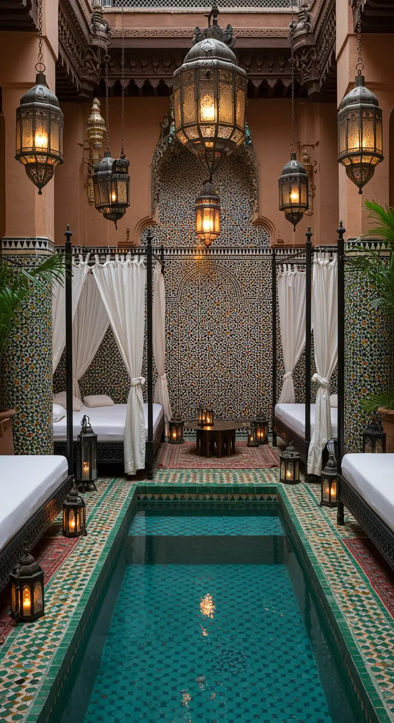 Piscine intérieure de style marocain avec des lits de jour à baldaquin, des carreaux colorés et de nombreuses lanternes.