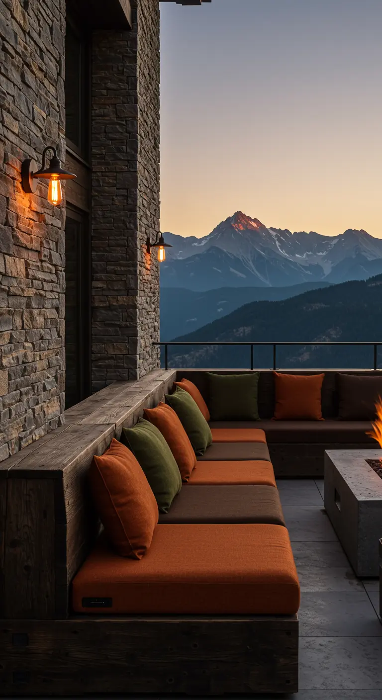 Banquette en bois sur balcon montagnard, coussins oranges et verts, mur de pierre et brasero.