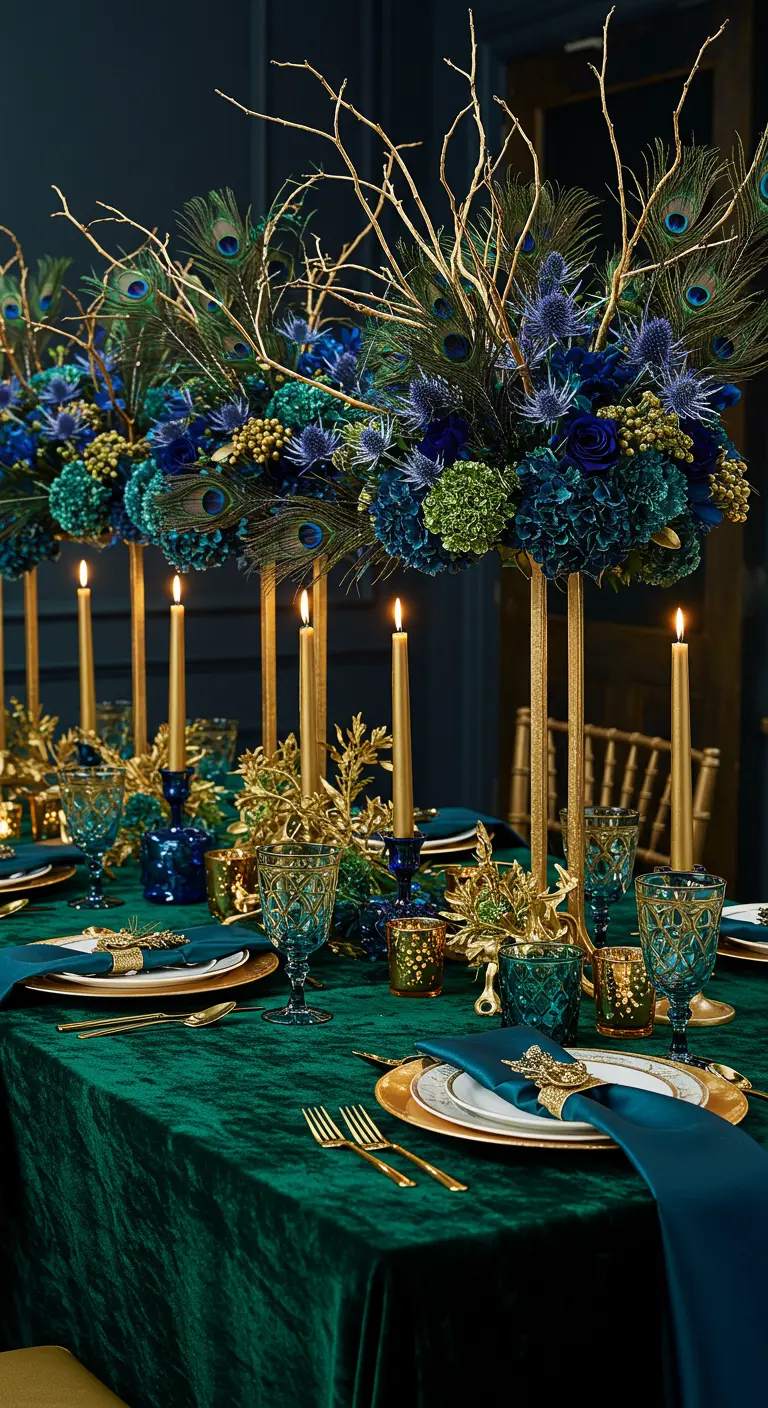 Table de fête somptueuse décorée en bleu paon et vert émeraude, avec des plumes de paon et des chandeliers dorés.