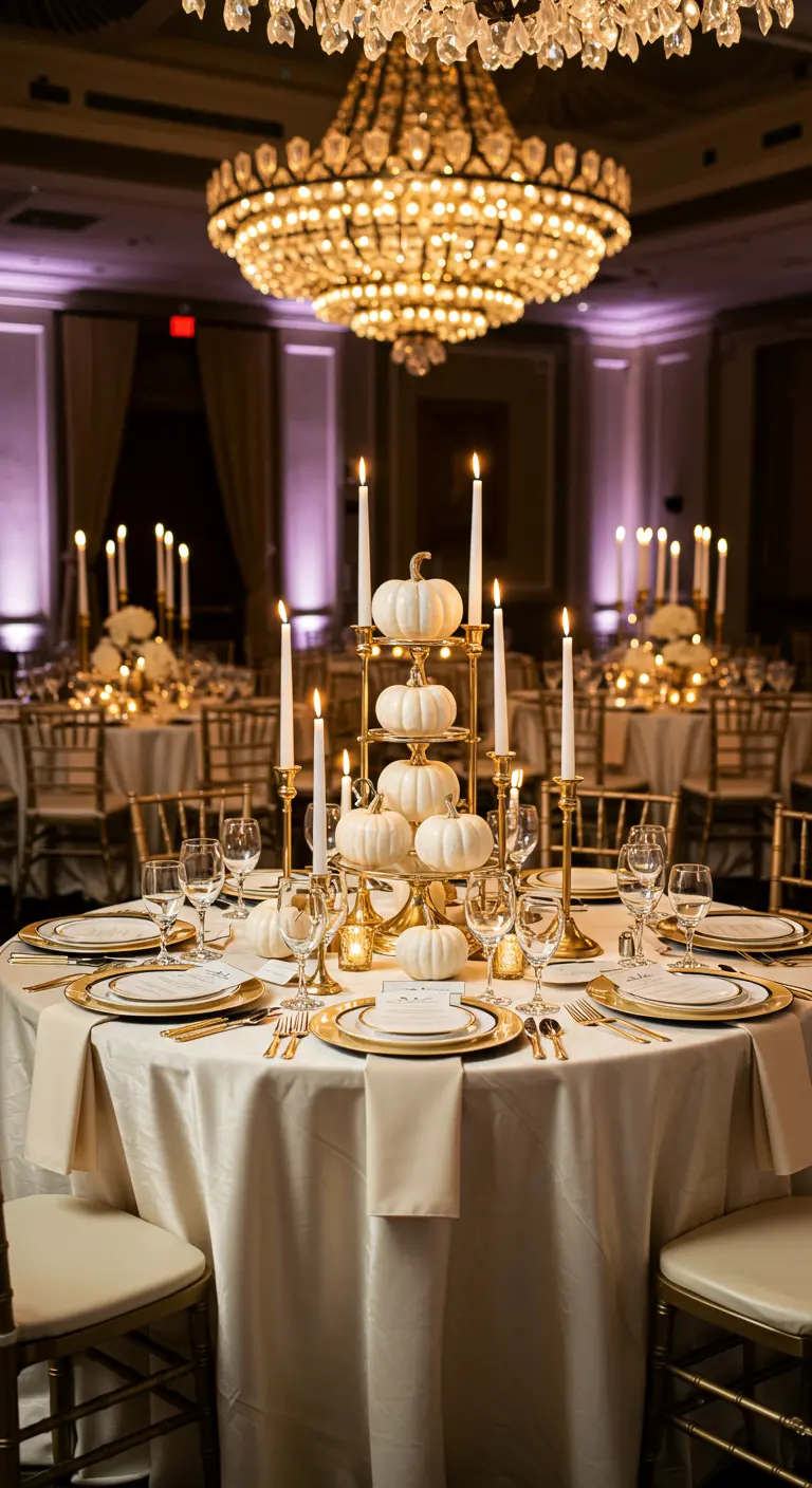 Grande table ronde avec pyramide de citrouilles blanches et dorées, chandeliers, sous un lustre imposant.