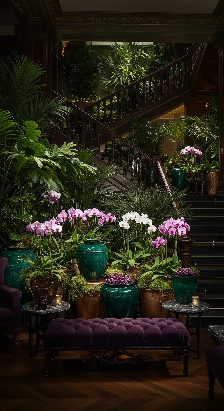 Grand hall avec escalier en bois, pots vert émeraude et bronze, garnis de palmiers, fougères et orchidées tropicales.