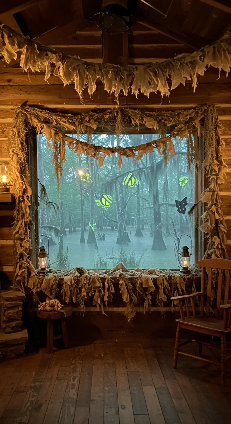 Fenêtre de cabane avec silhouettes de créatures de marais, branches et lanternes.