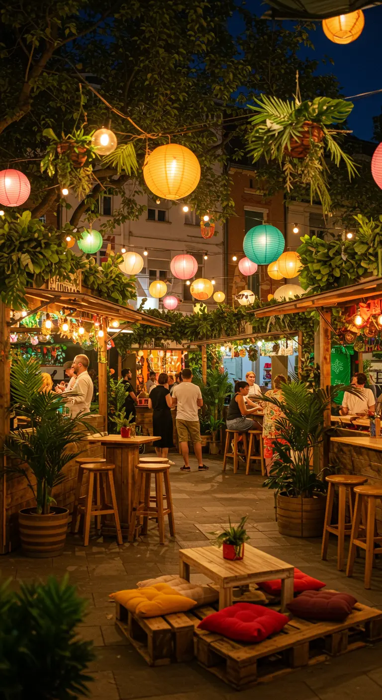 Marché de nuit extérieur avec stands en bois, lanternes colorées, guirlandes lumineuses, plantes tropicales et tables basses avec coussins.