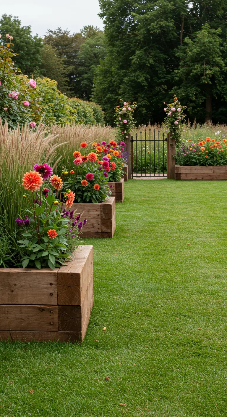 Grand jardin avec pelouse et jardinières carrées en bois remplies de dahlias colorés et graminées.
