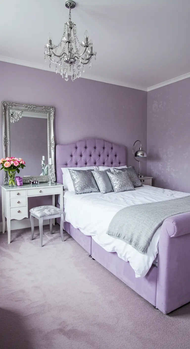Chambre mauve avec un lit capitonné, une coiffeuse blanche et des coussins argentés.