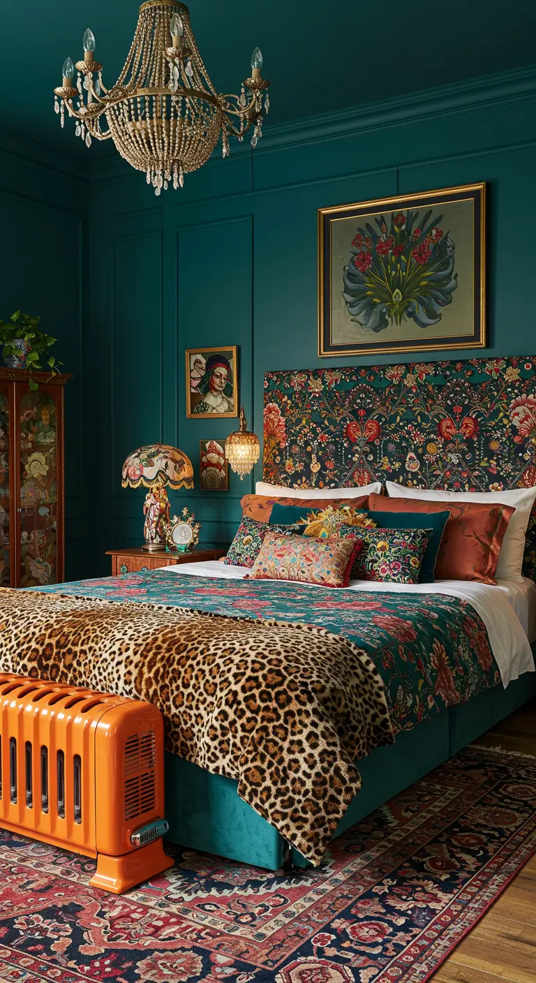 Chambre maximaliste avec un plaid léopard et un radiateur orange vif.