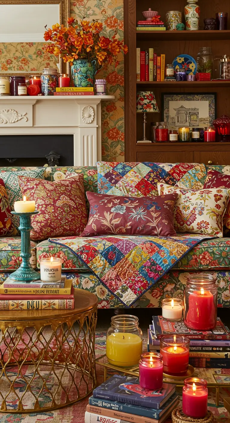 Salon maximaliste avec canapé à fleurs, plaid patchwork et de nombreuses bougies colorées.