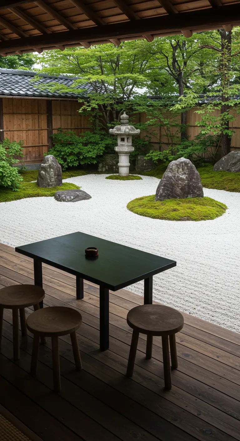 Table noire minimaliste et tabourets en bois face à un jardin zen japonais.