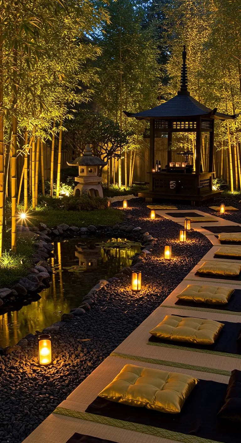 Jardin japonais illuminé la nuit avec des lanternes, des bambous et des coussins de méditation.