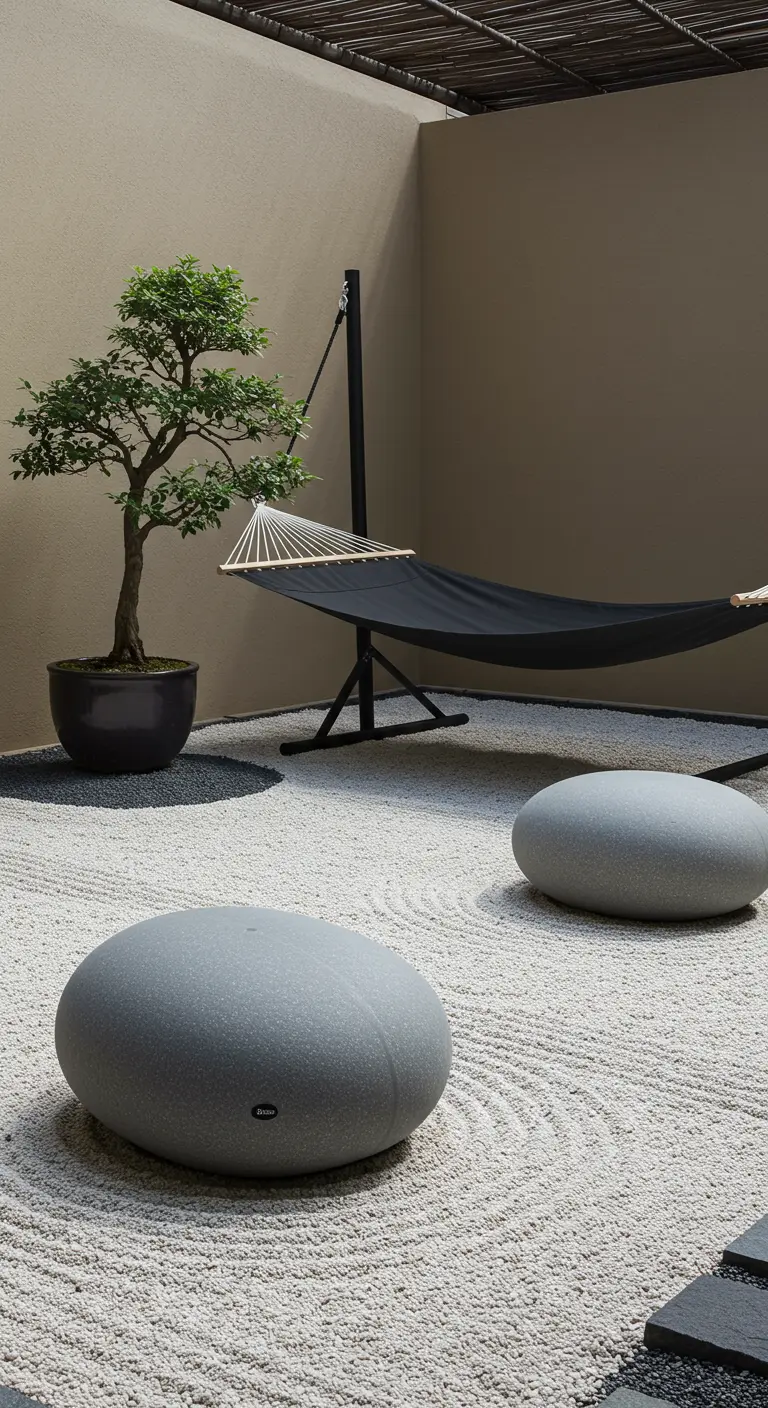 Hamac noir et poufs-galets dans un jardin zen avec un bonsaï.