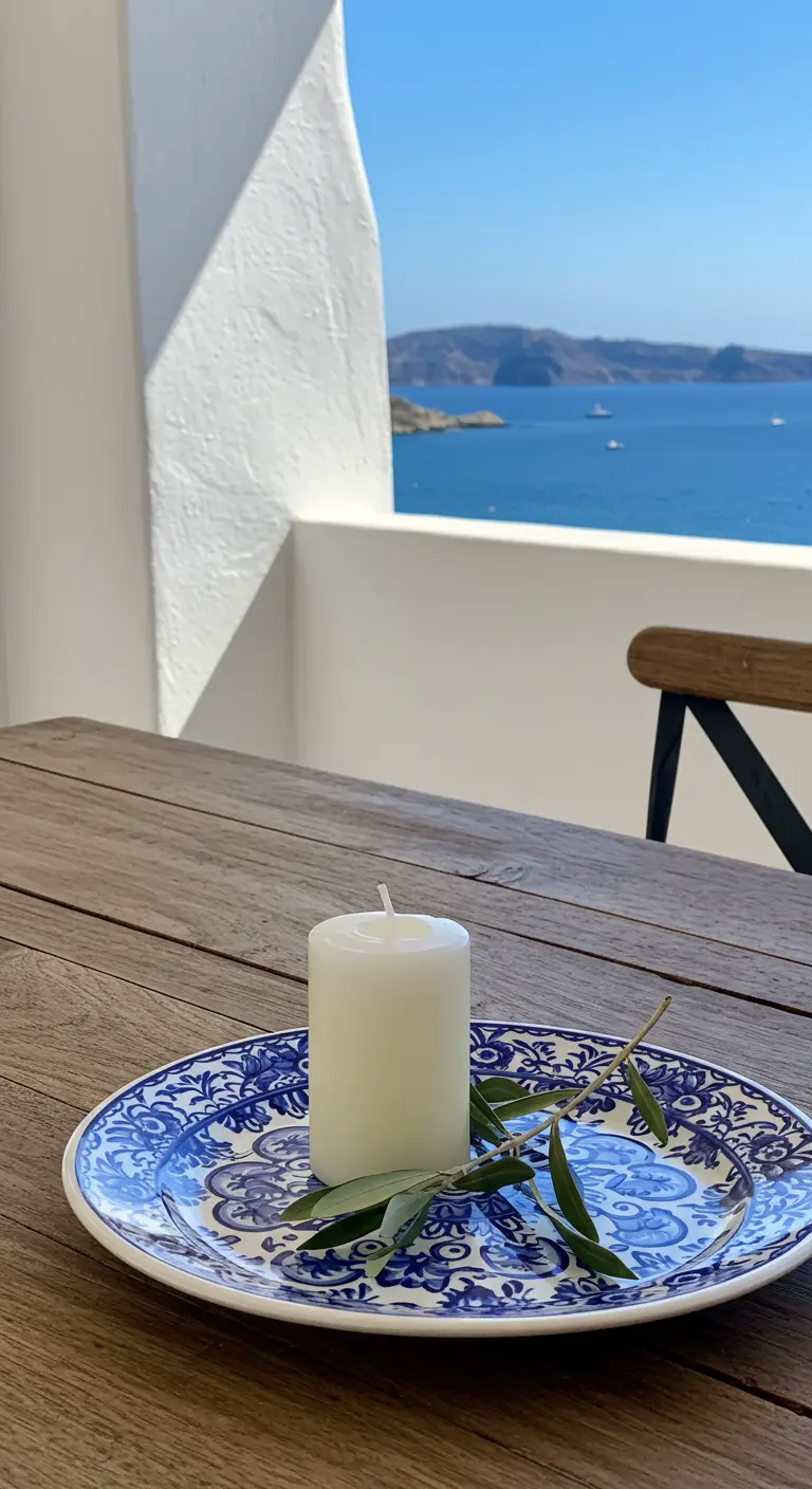 Bougie blanche et branches d'olivier sur une assiette à motifs bleus et blancs.