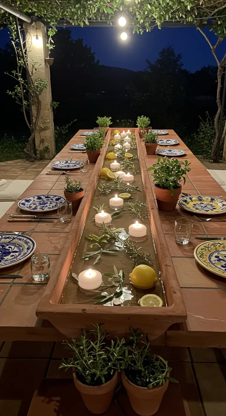 Table en terre cuite sous pergola, centre aquatique avec citrons, romarin et bougies flottantes.