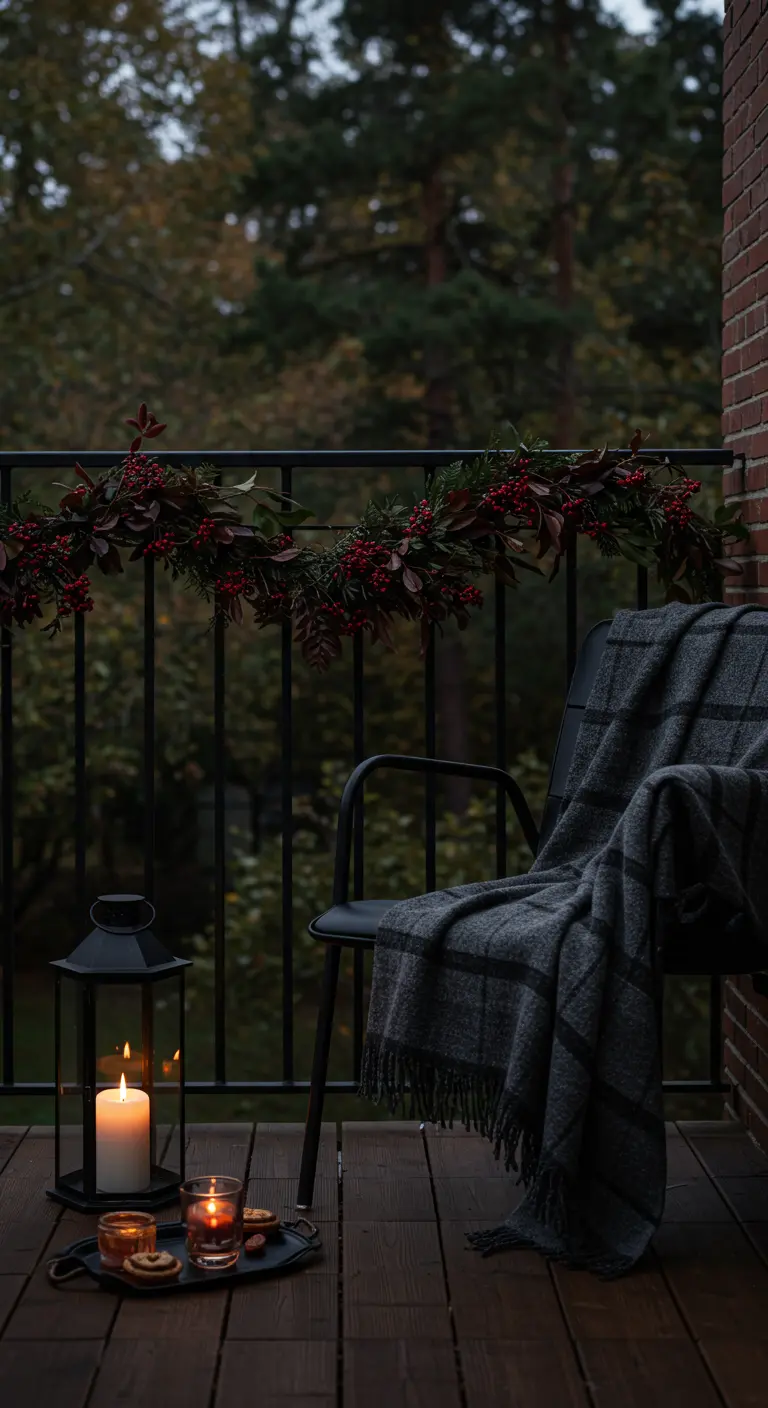 Balcon minimaliste en automne avec une chaise noire, un plaid et une lanterne.