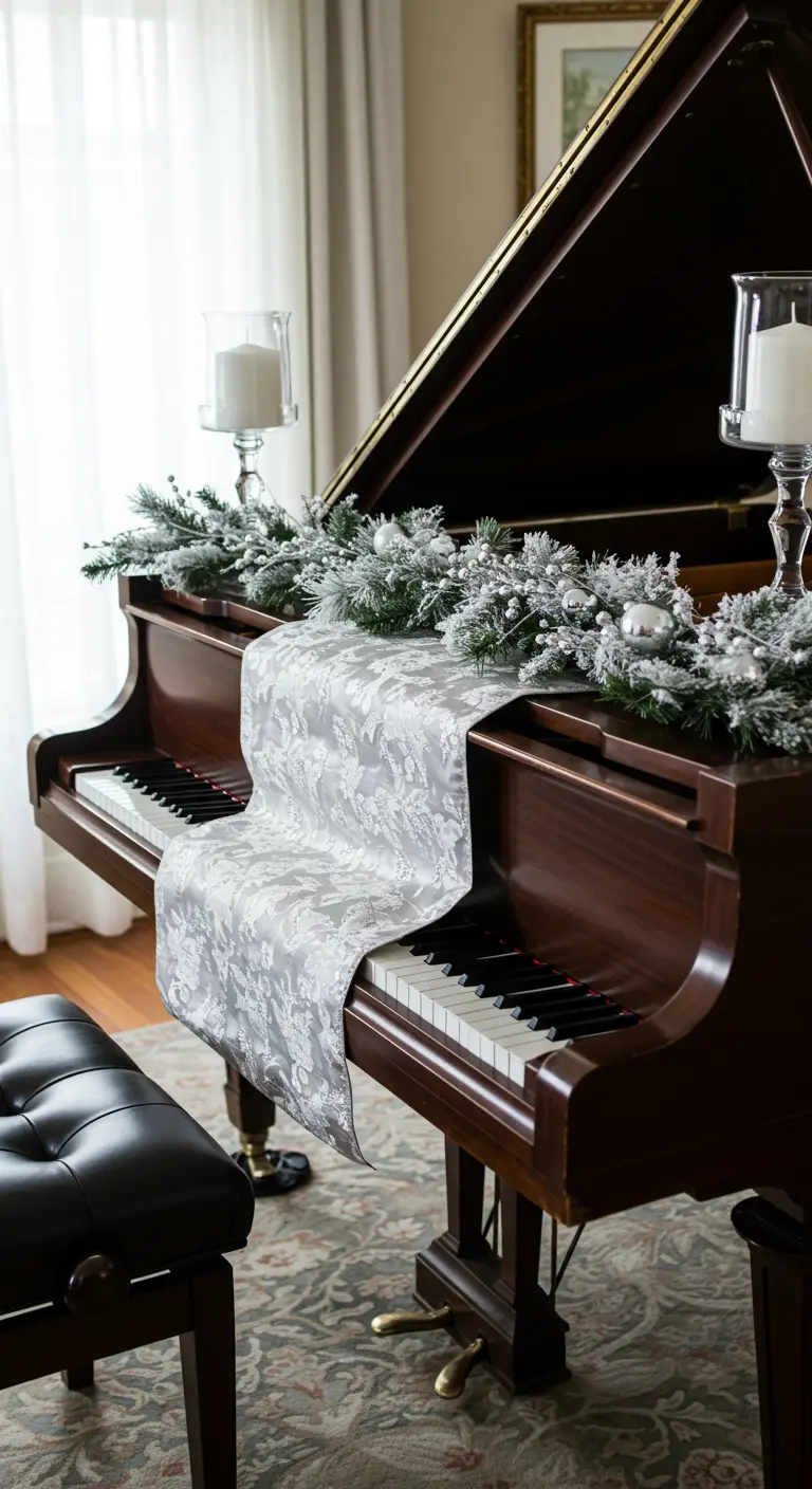 Piano à queue décoré avec un chemin de table et une guirlande d'hiver.