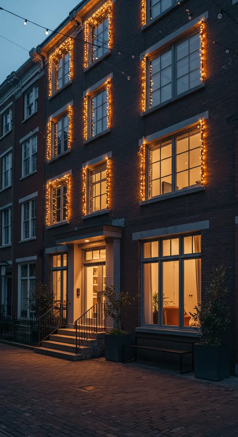 Façade en briques sombres avec chaque fenêtre encadrée de guirlandes lumineuses chaudes.