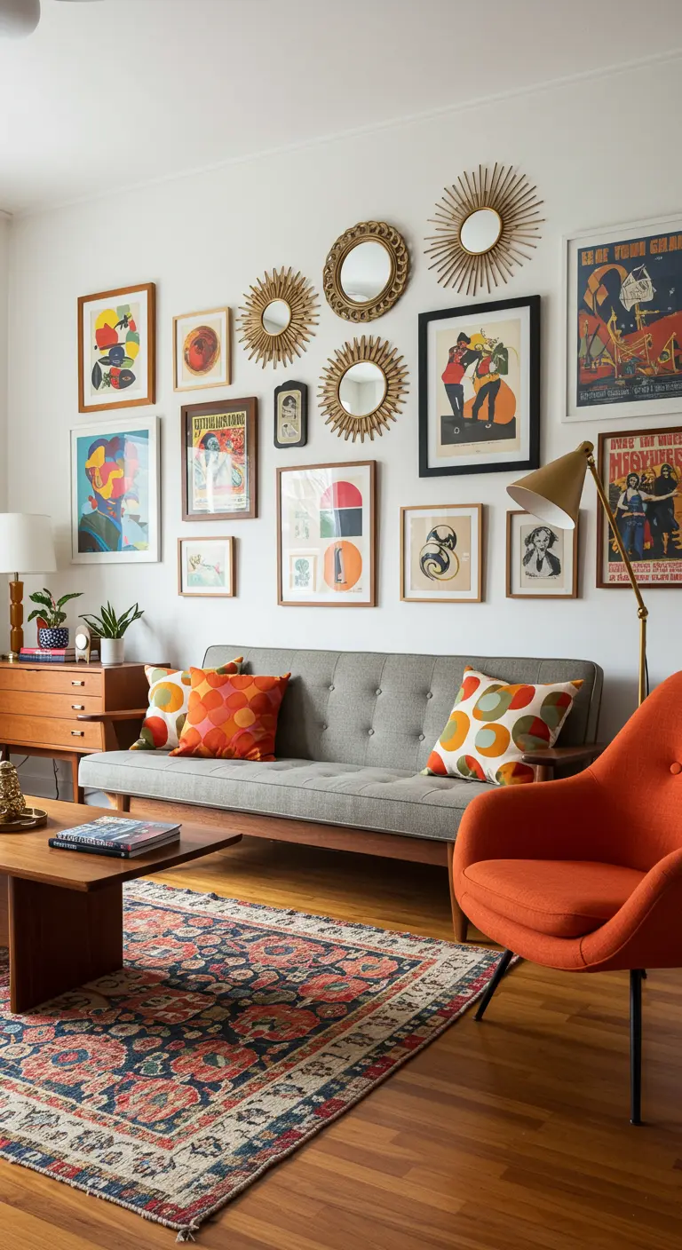 Salon d'inspiration Mid-Century avec des miroirs soleil et des affiches d'art vintage.