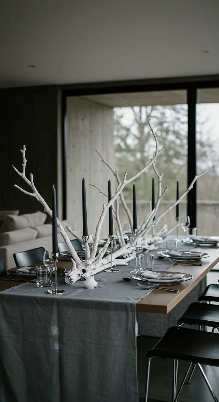 Table de mariage moderne avec une grande branche blanche horizontale et des bougies noires.