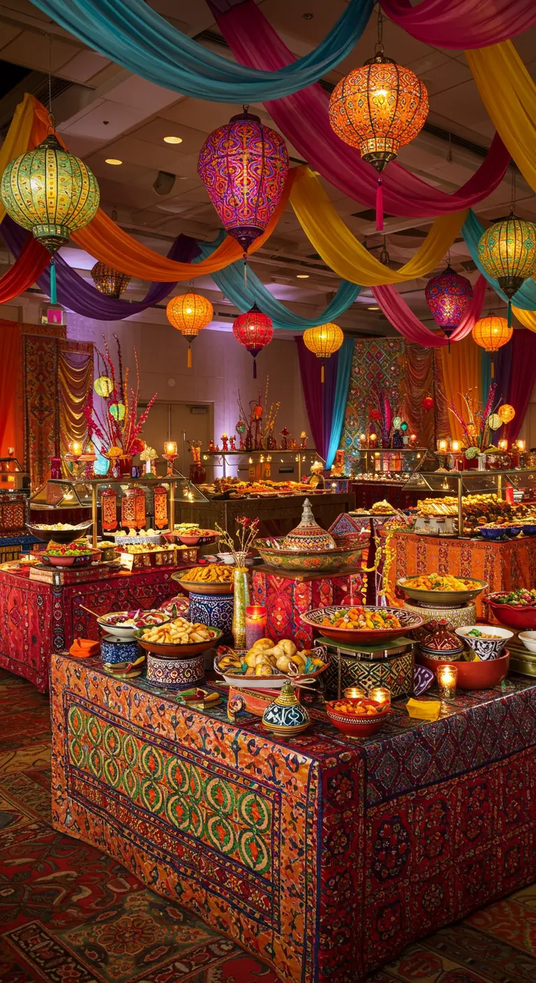 Buffet oriental coloré, tissus chatoyants, lanternes marocaines, coussins au sol.