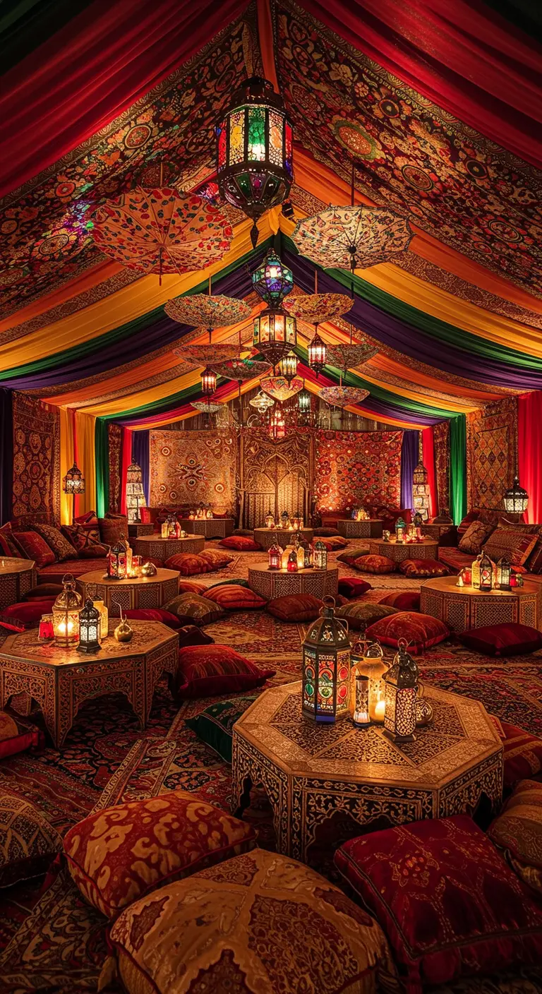 Tente orientale luxueuse avec tentures colorées, lanternes suspendues, tables basses sculptées et coussins orientaux.