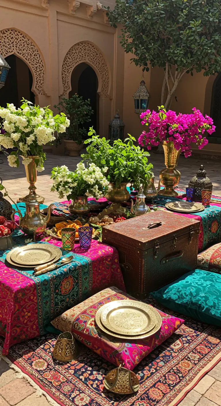Pique-nique oriental avec tapis colorés, coussins, lanternes marocaines et fleurs vives.