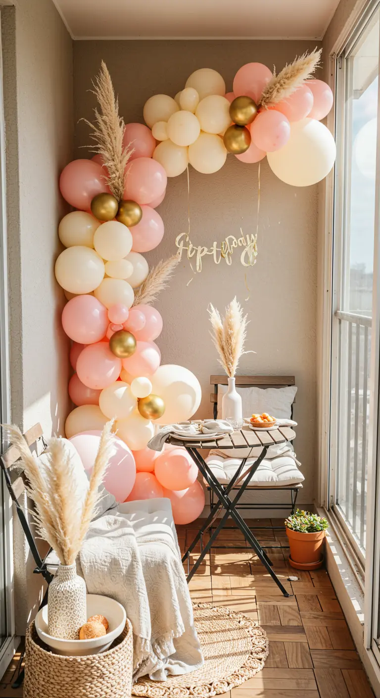 Arche de ballons roses, crèmes et dorés sur un petit balcon cosy avec plantes et coussins.