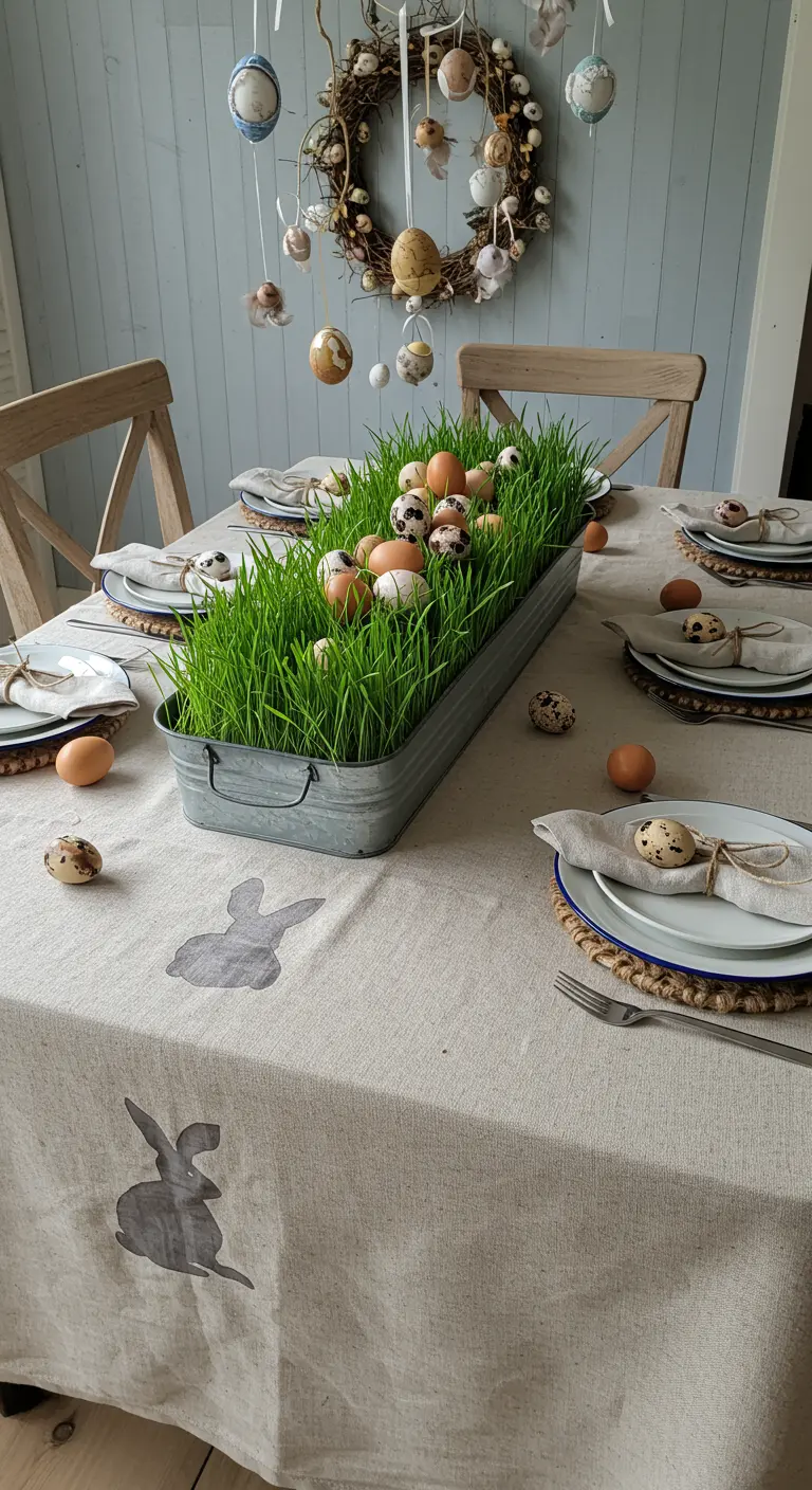 Centre de table avec de l'herbe de blé poussant dans une jardinière en zinc, garni d'œufs.